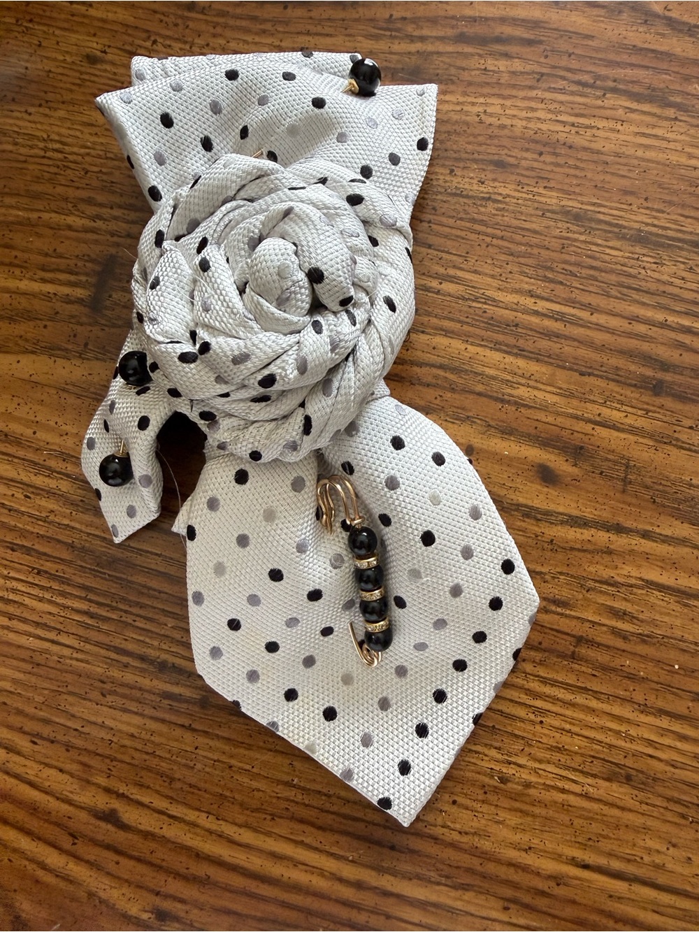 White Polka Dot Tie Necklace, Flower Brooch with Black Bead Accents